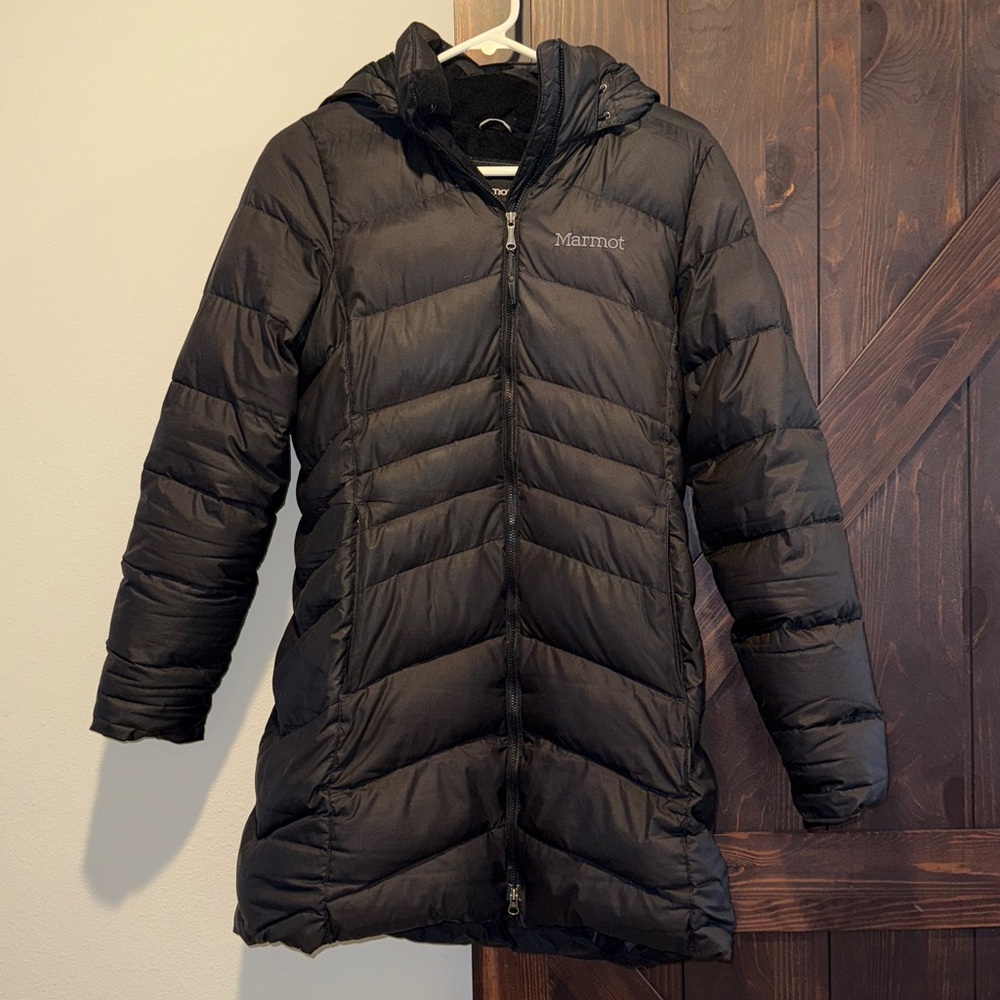 Marmot Montreal 700 Fill Goose Down Coat Puffer Knee Length Fur Hood Black M